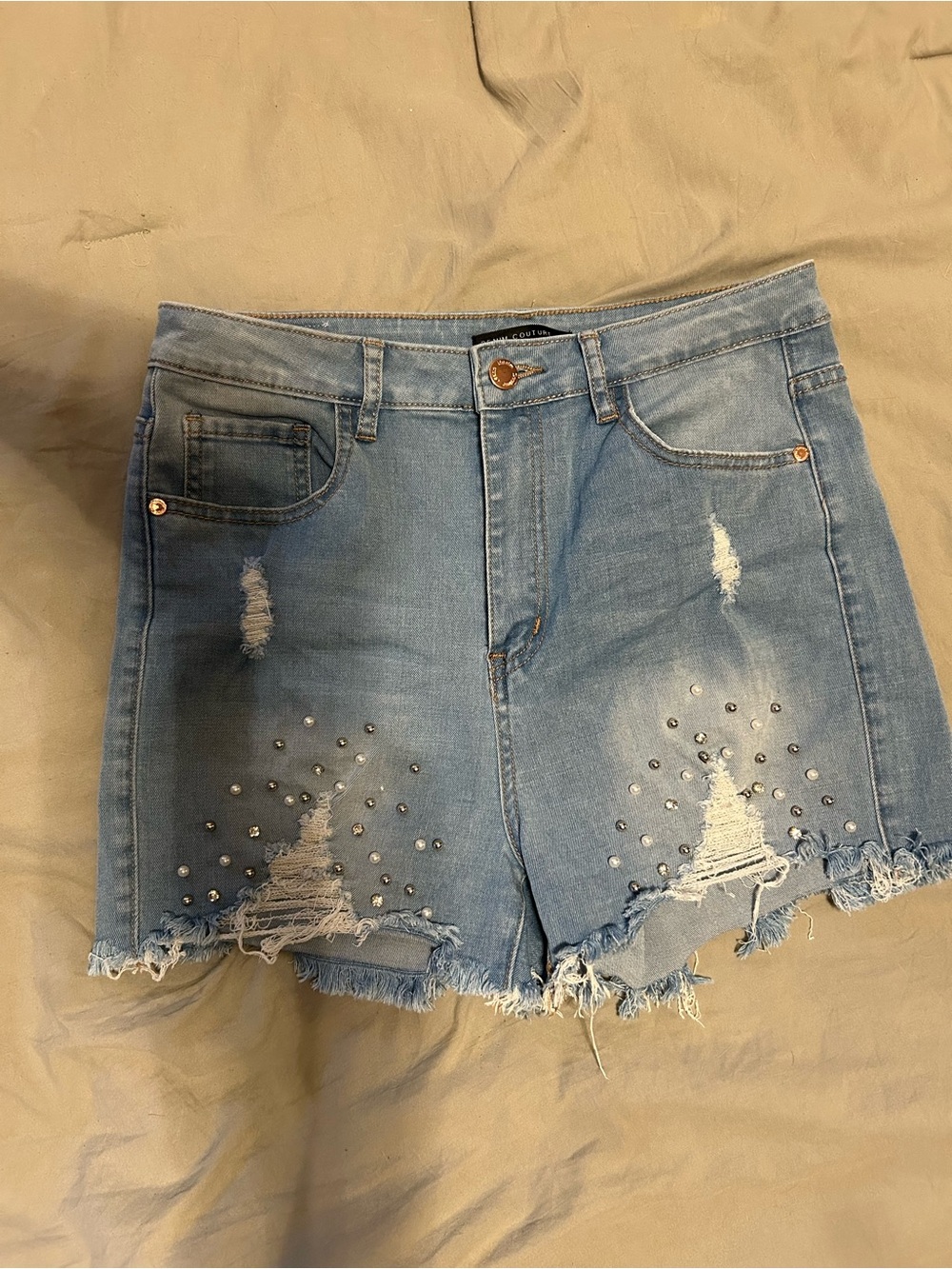 Studded Light Wash Distressed Denim Shorts